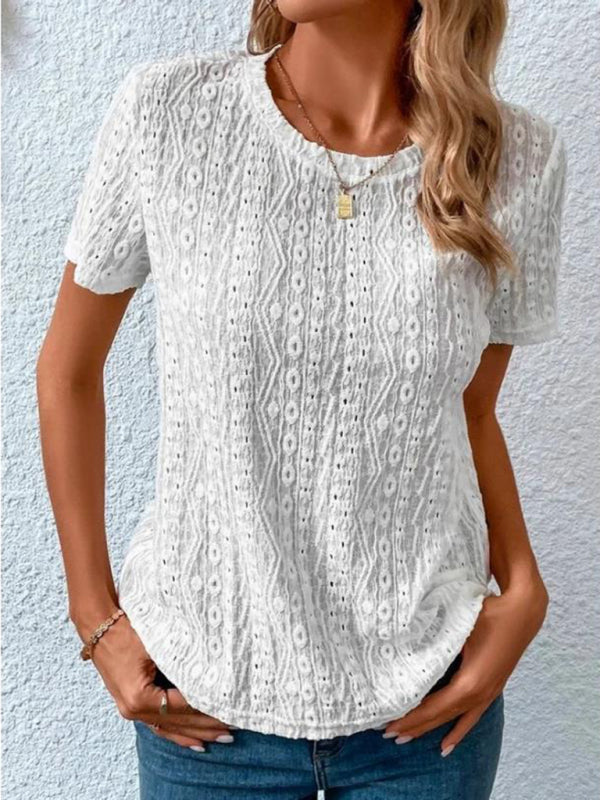 Women's Comfortable Fresh Sweet Round Neck Hollow Short Sleeve T-Shirt