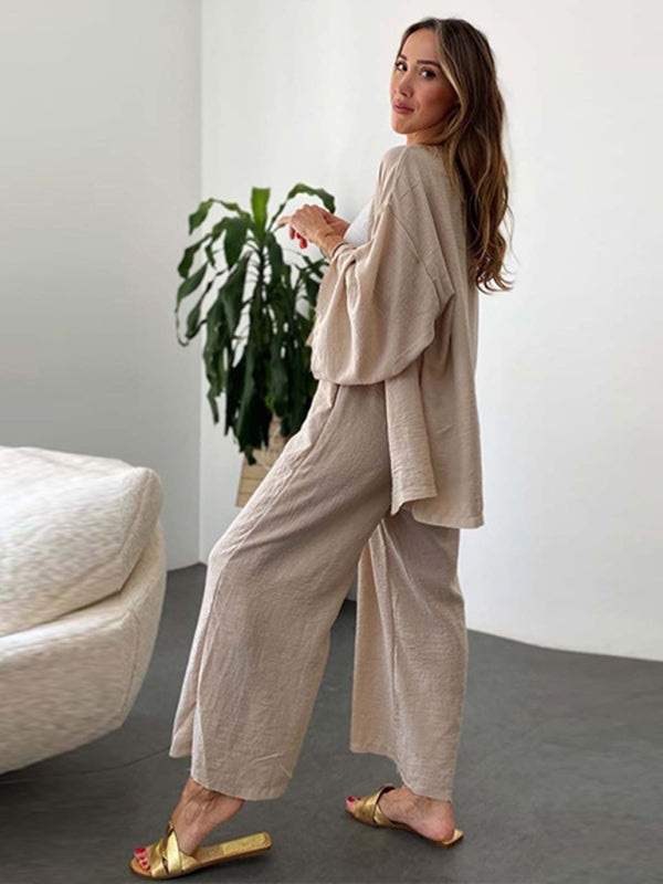 Long-Sleeved Cardigan and Wide Leg Trousers Two Piece Loungewear Set