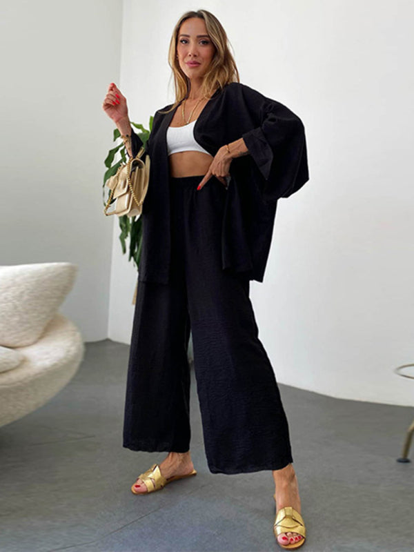 Long-Sleeved Cardigan and Wide Leg Trousers Two Piece Loungewear Set