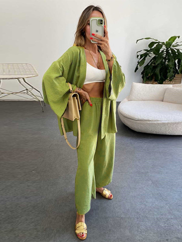 Long-Sleeved Cardigan and Wide Leg Trousers Two Piece Loungewear Set