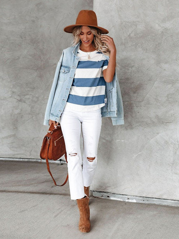 Blue and White Stripe Round Neck Short-Sleeved Casual T-shirt