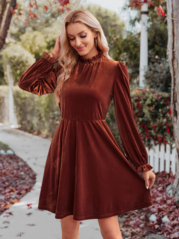 Turtleneck Velvet Solid Color Waist Dress