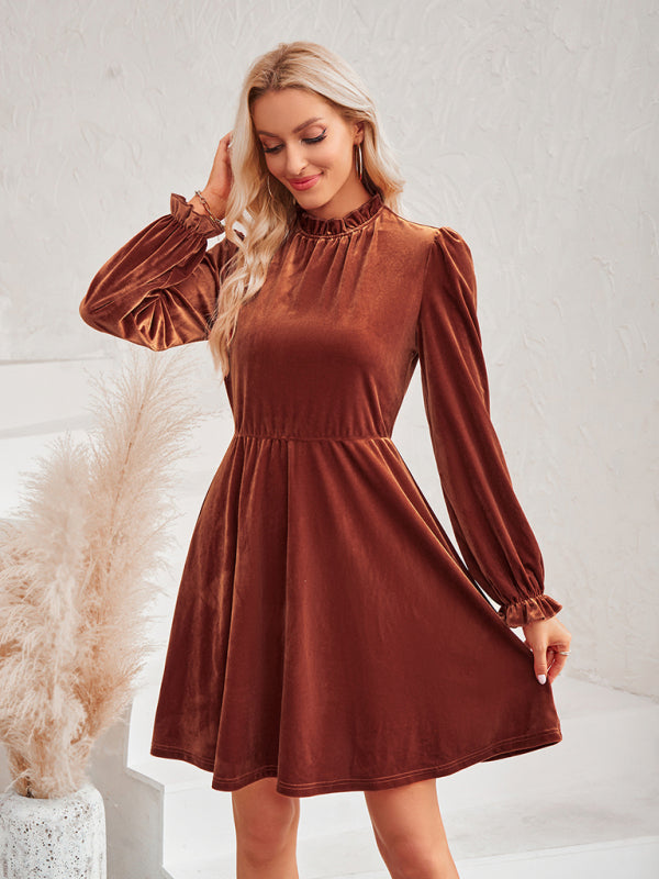 Turtleneck Velvet Solid Color Waist Dress