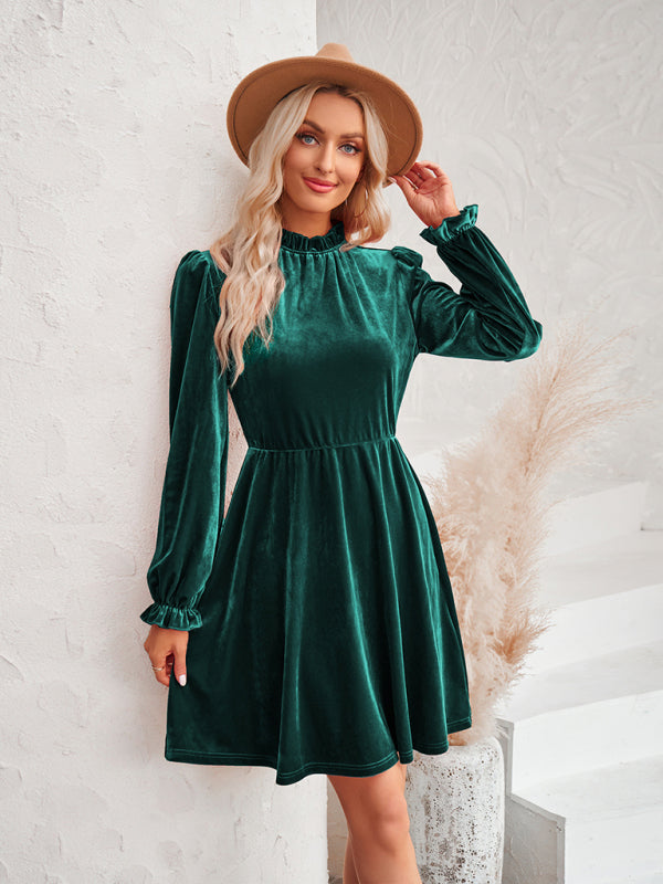 Turtleneck Velvet Solid Color Waist Dress