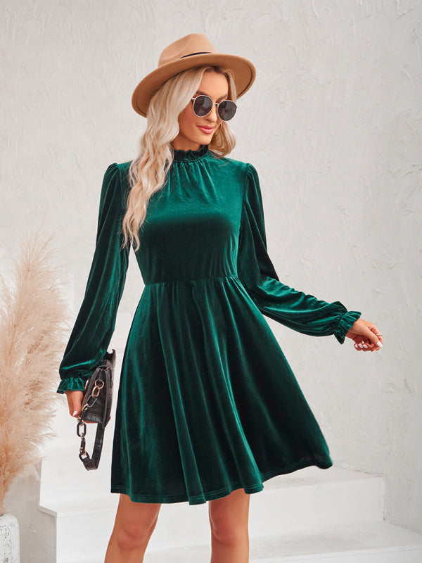 Turtleneck Velvet Solid Color Waist Dress