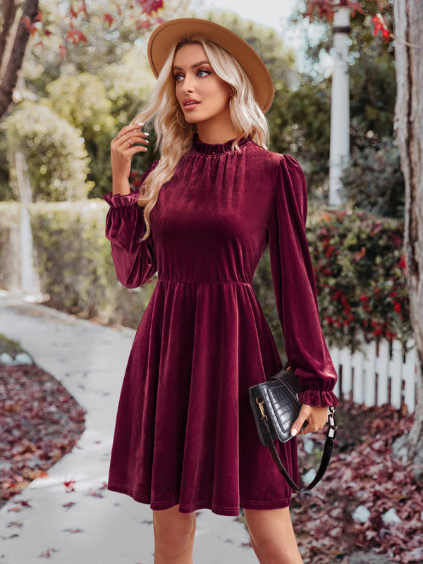 Turtleneck Velvet Solid Color Waist Dress