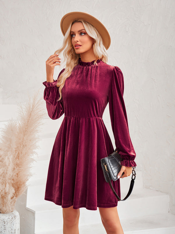 Turtleneck Velvet Solid Color Waist Dress