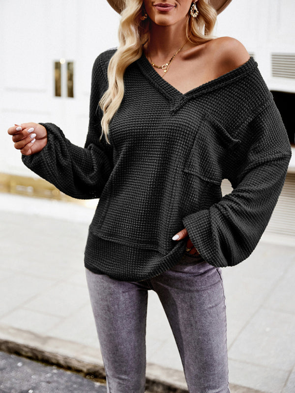 V Neck Patch Pocket Loose Waffle Long Sleeve Top