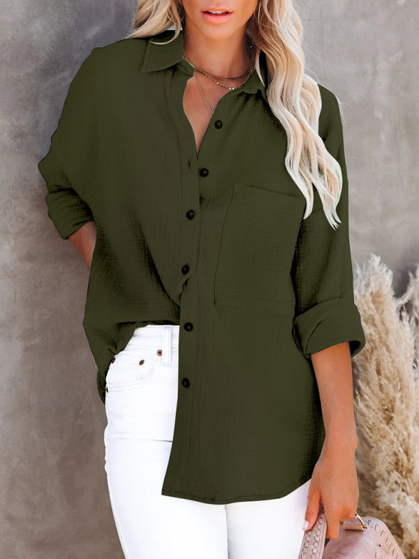 Simple long-sleeved V-neck button-down shirt for women