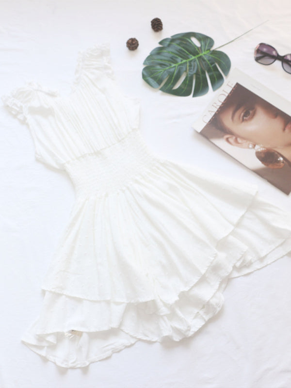 Sweetheart Pleated Sleeves Irregular Hem Milkmaid Dress