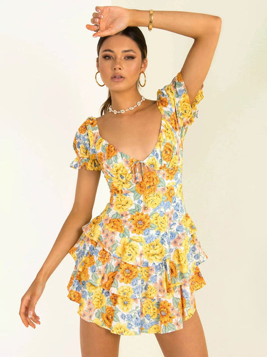 Fashion Sexy Slim Chest Tie Short Sleeve Printed Dress