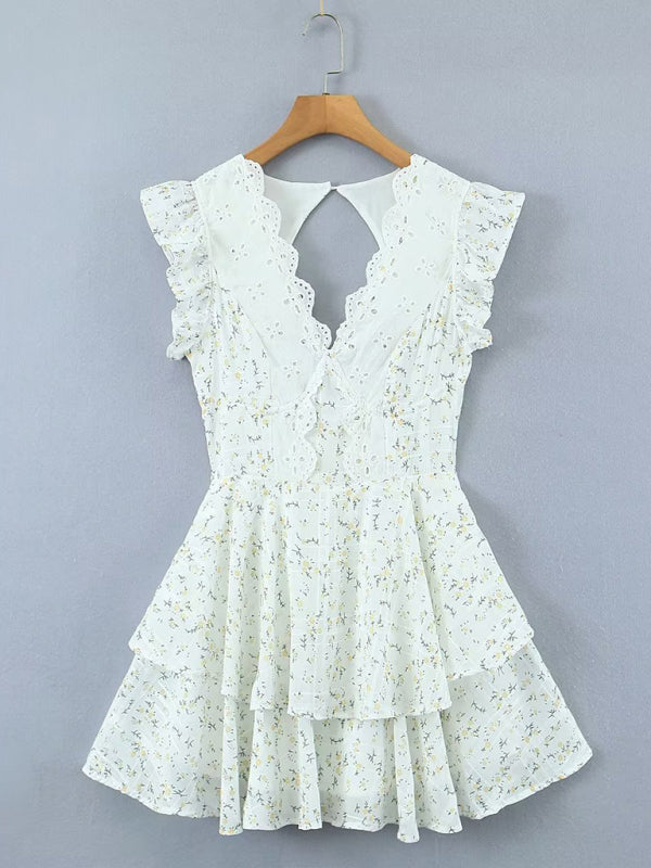 Lace Embroidery Printed Waist Dress V-neck