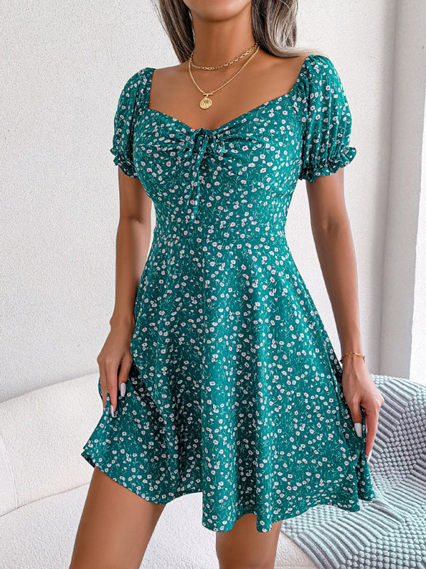 Milkmaid Casual Bell Sleeve Drawstring Tie Floral Swing Dress