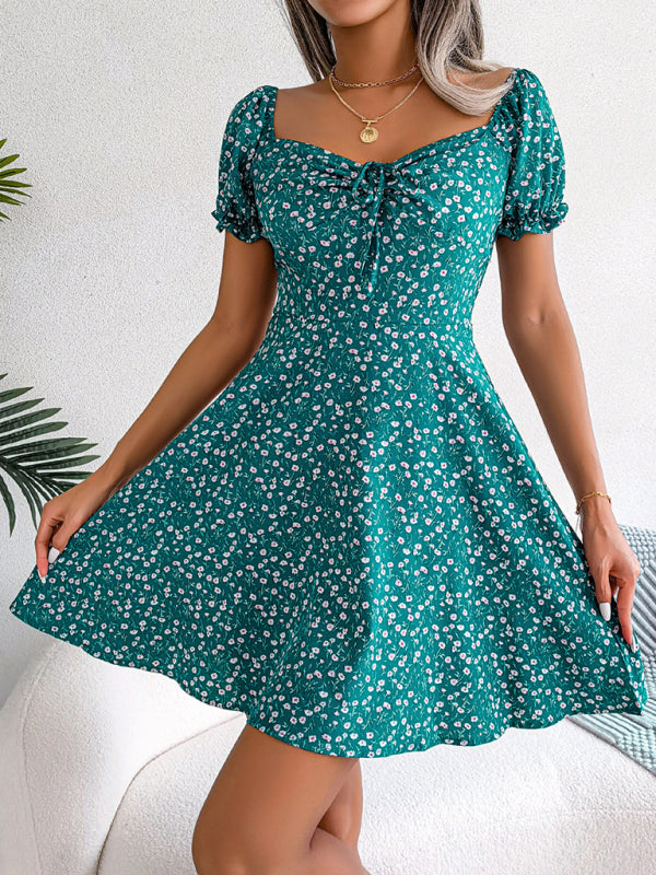 Milkmaid Casual Bell Sleeve Drawstring Tie Floral Swing Dress