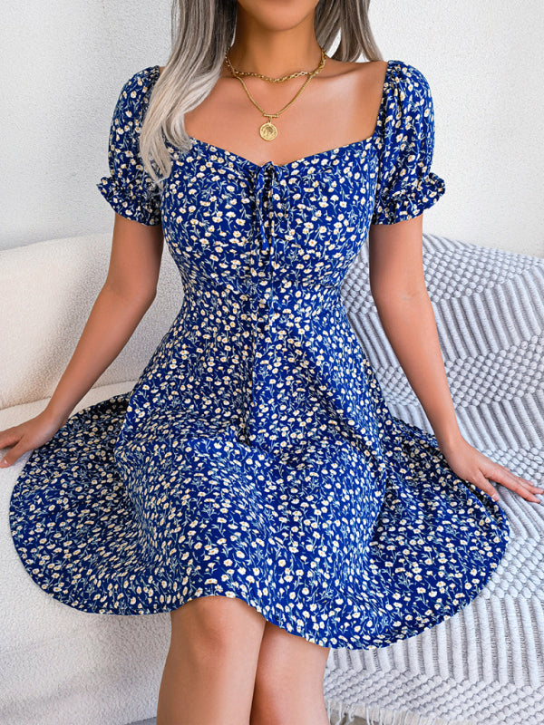 Milkmaid Casual Bell Sleeve Drawstring Tie Floral Swing Dress