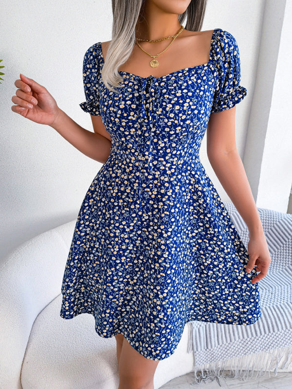 Milkmaid Casual Bell Sleeve Drawstring Tie Floral Swing Dress