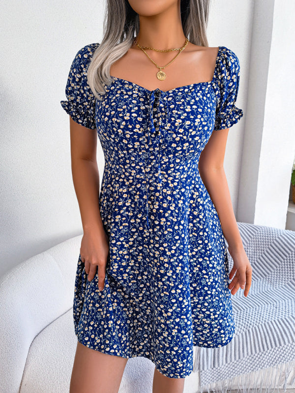 Milkmaid Casual Bell Sleeve Drawstring Tie Floral Swing Dress