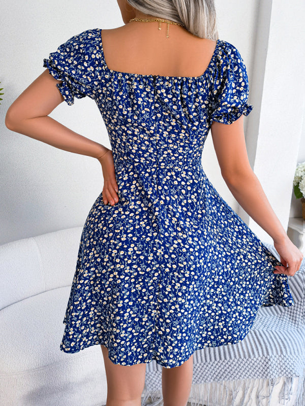 Milkmaid Casual Bell Sleeve Drawstring Tie Floral Swing Dress