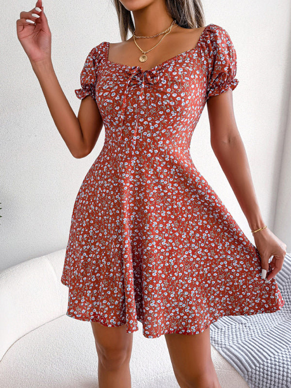 Milkmaid Casual Bell Sleeve Drawstring Tie Floral Swing Dress