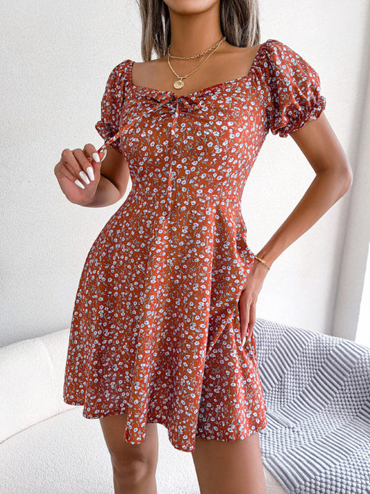 Milkmaid Casual Bell Sleeve Drawstring Tie Floral Swing Dress