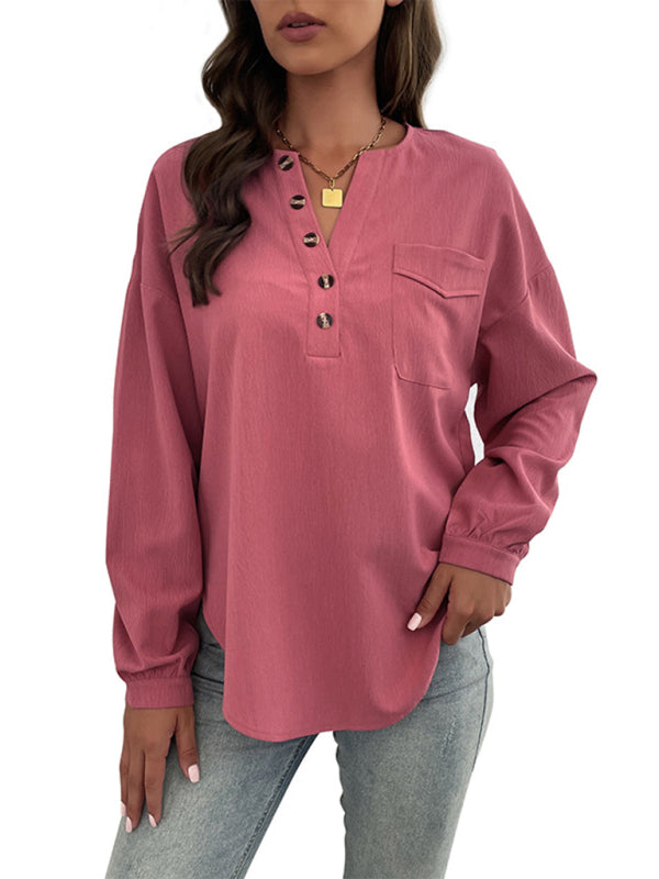 New Ladies Casual Long Sleeve Solid Color Shirt