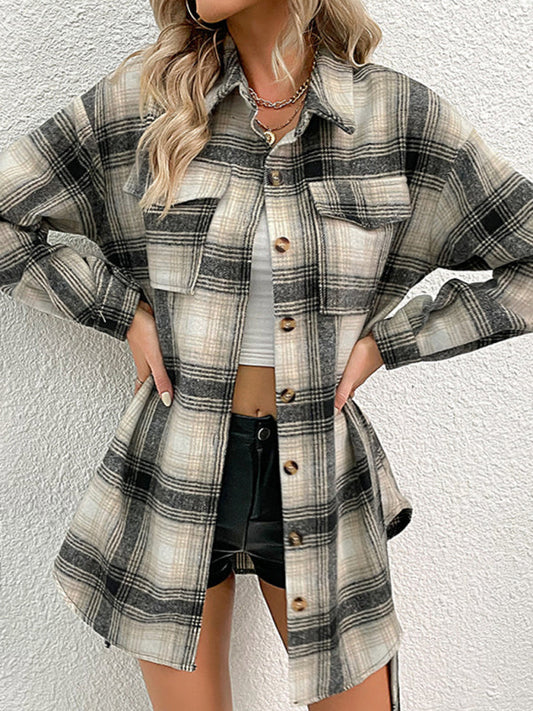 New Ladies Casual Long Plaid Shirt Jacket