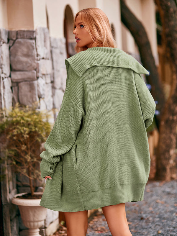 Solid Color Lapel Tie Pocket Cardigan Three Buttons Mid-length Sweater Coat