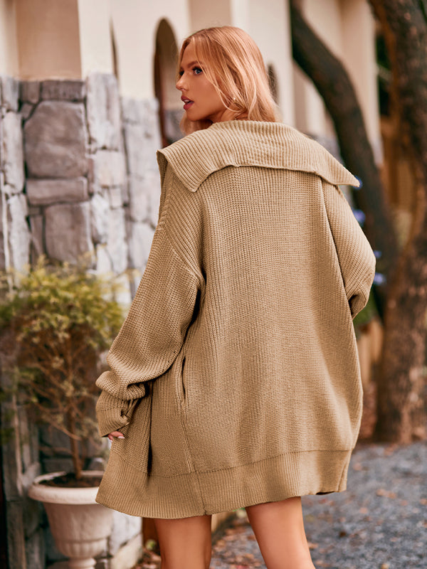 Solid Color Lapel Tie Pocket Cardigan Three Buttons Mid-length Sweater Coat