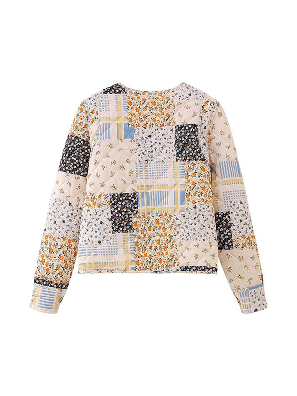 Quilt Patchwork Color Block Print Loose Thin Cotton Jacket