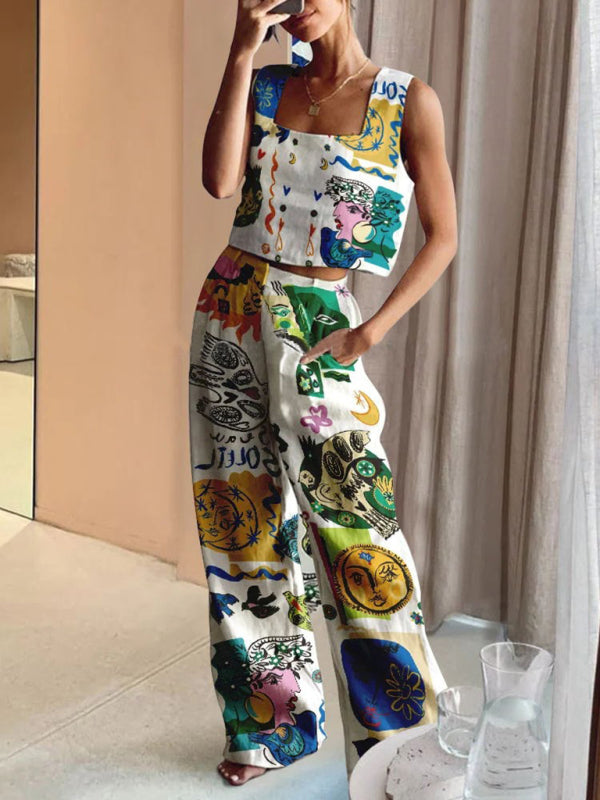 Printed Wide-Leg Pants + Vest Casual Fashion Two-Piece Suit