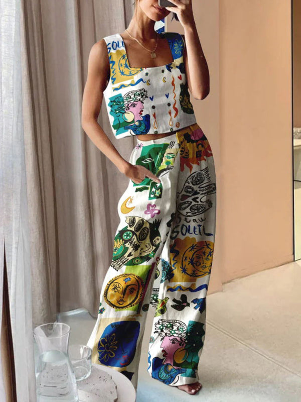 Printed Wide-Leg Pants + Vest Casual Fashion Two-Piece Suit