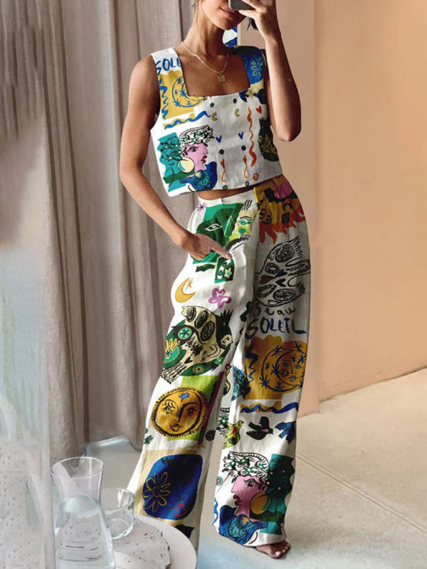 Printed Wide-Leg Pants + Vest Casual Fashion Two-Piece Suit