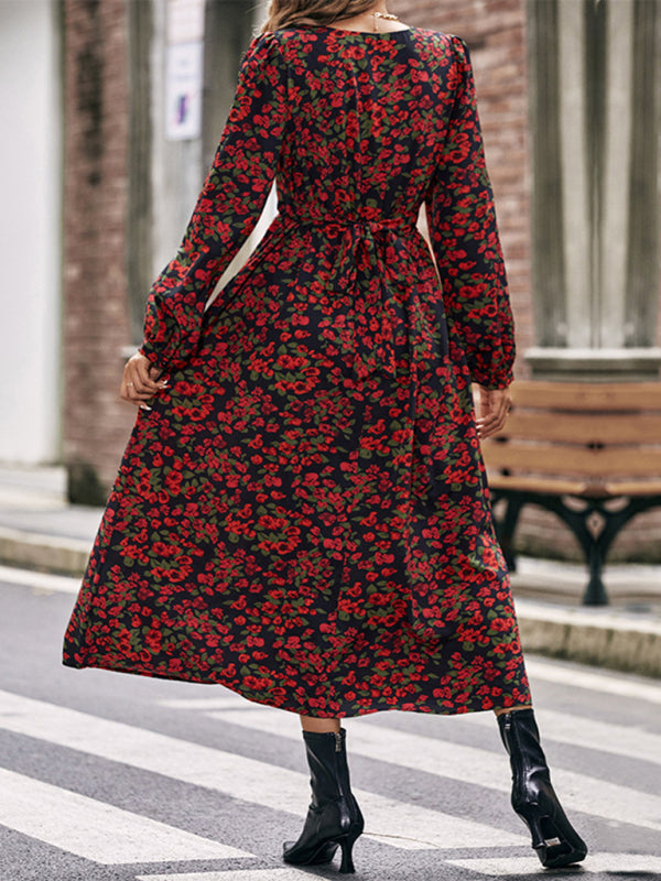 Women's Autumn Winter Long Sleeve Printed Midi Dress