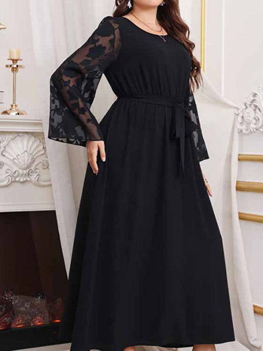 Plus Size High Waist Black Polka Dot Patchwork Dress