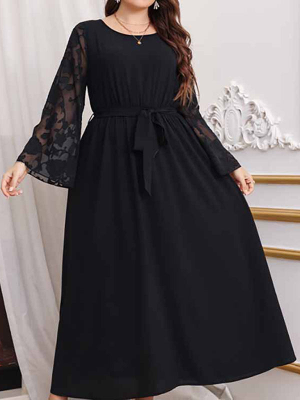 Plus Size High Waist Black Polka Dot Patchwork Dress