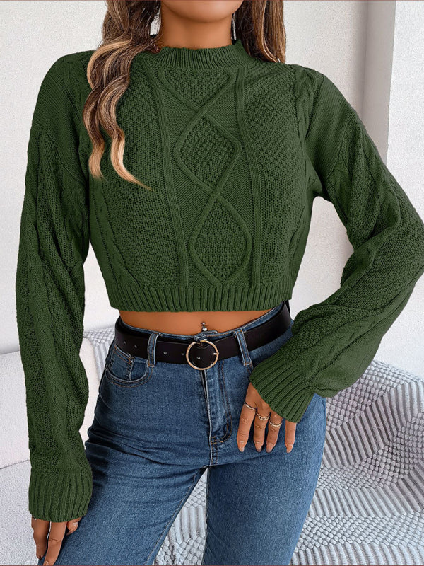 Autumn and Winter Casual Solid Color Twist Long-Sleeved Pullover Cropped Sweater