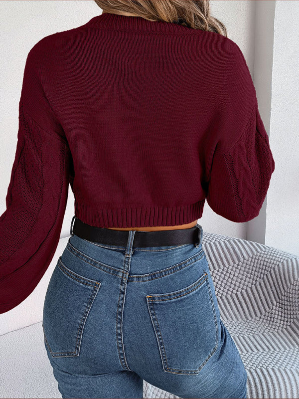 Autumn and Winter Casual Solid Color Twist Long-Sleeved Pullover Cropped Sweater