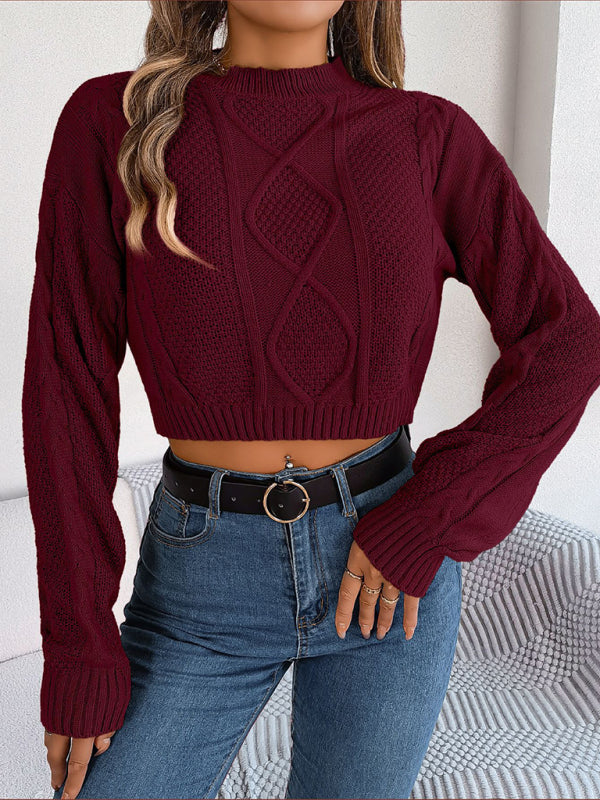 Autumn and Winter Casual Solid Color Twist Long-Sleeved Pullover Cropped Sweater