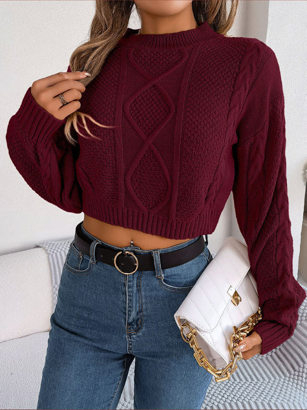 Autumn and Winter Casual Solid Color Twist Long-Sleeved Pullover Cropped Sweater