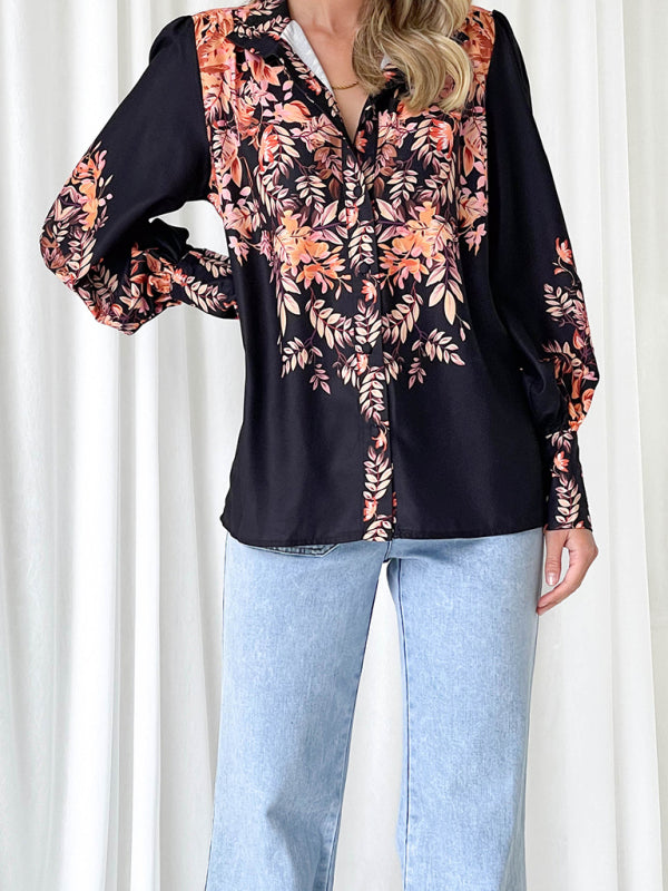 Elegant Printed V-neck Long-Sleeved Single-Breasted Shirt