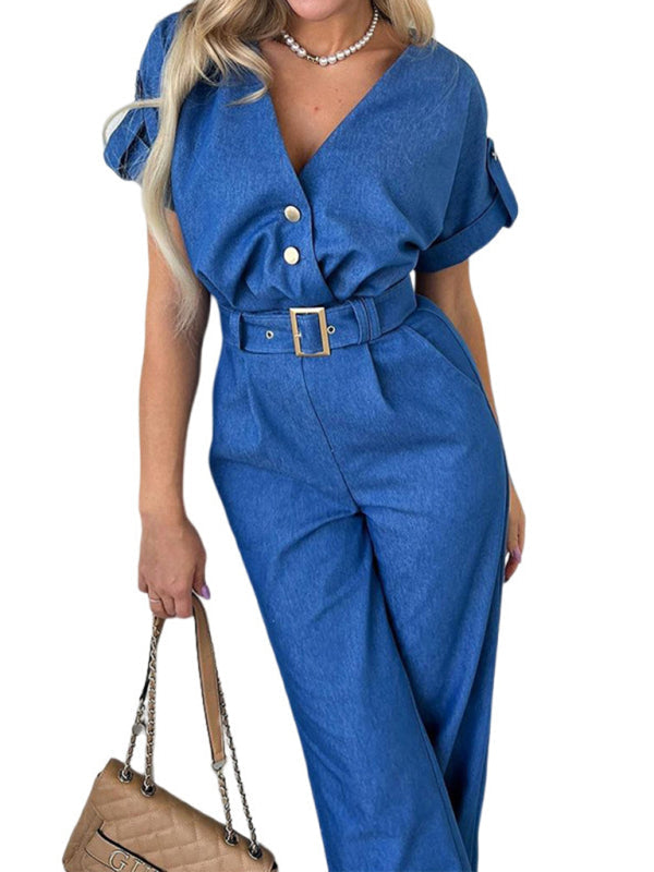 Casual Temperament V-neck Short-Sleeved Straight Jumpsuit