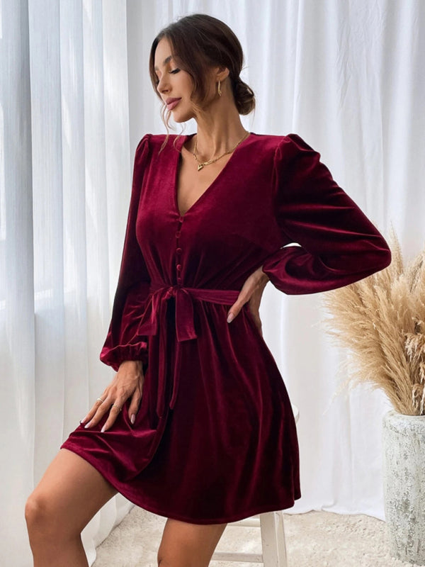 V-neck Waist A-line Skirt Long-Sleeved Velvet Sexy Banquet Dress