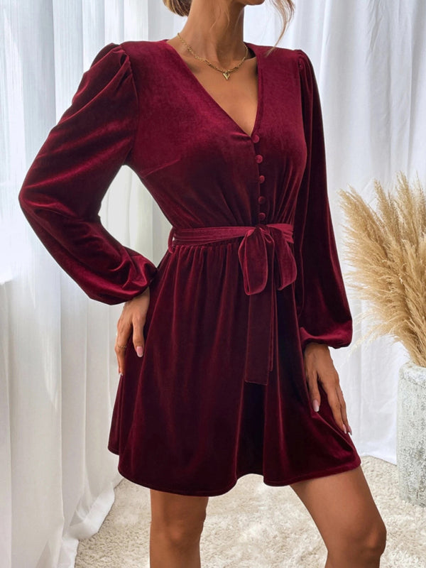 V-neck Waist A-line Skirt Long-Sleeved Velvet Sexy Banquet Dress