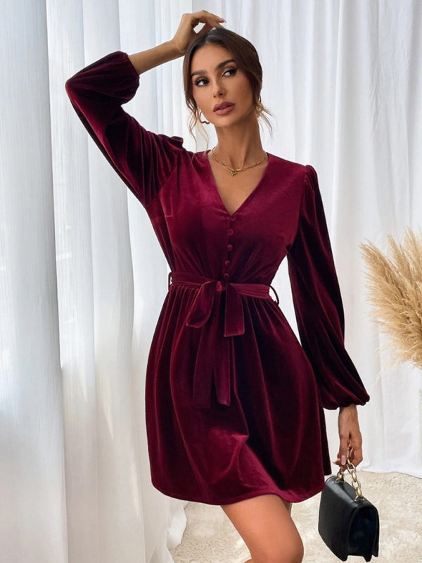 V-neck Waist A-line Skirt Long-Sleeved Velvet Sexy Banquet Dress