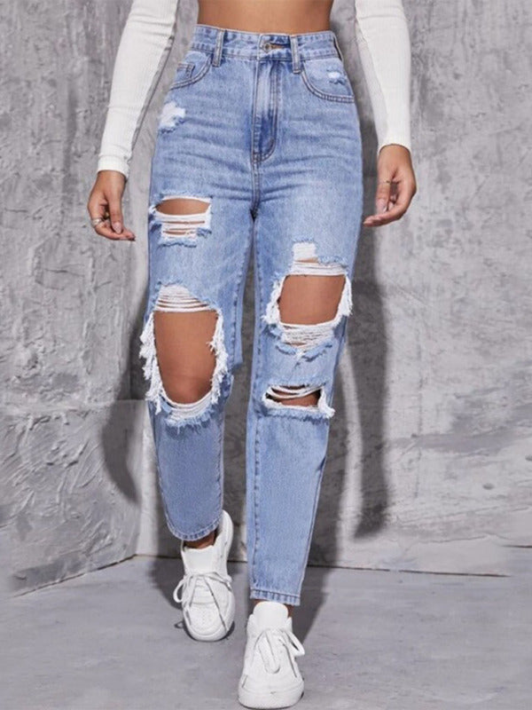 Women's Washed Ripped High Waist Straight Jeans