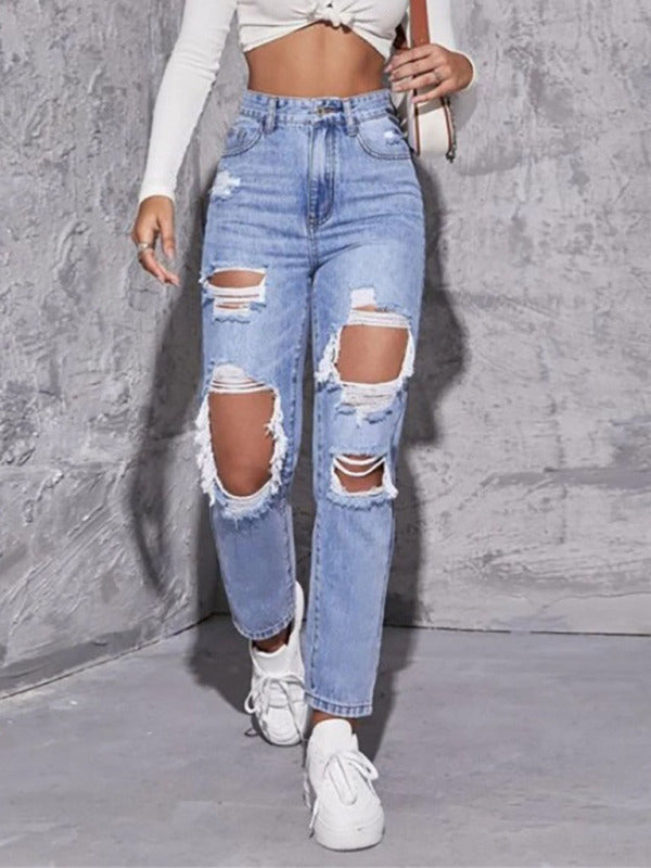 Women's Washed Ripped High Waist Straight Jeans