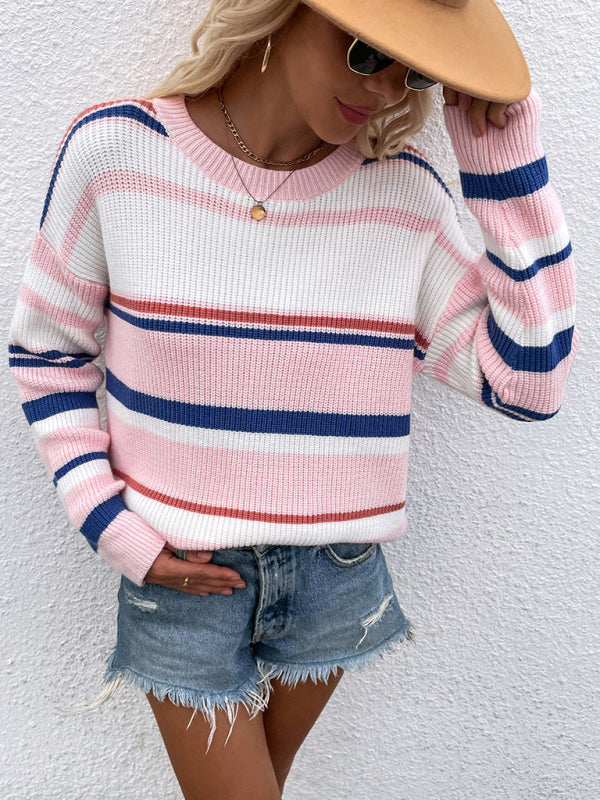 Women's Loose Striped Round Neck Long Sleeve Pullover Sweater