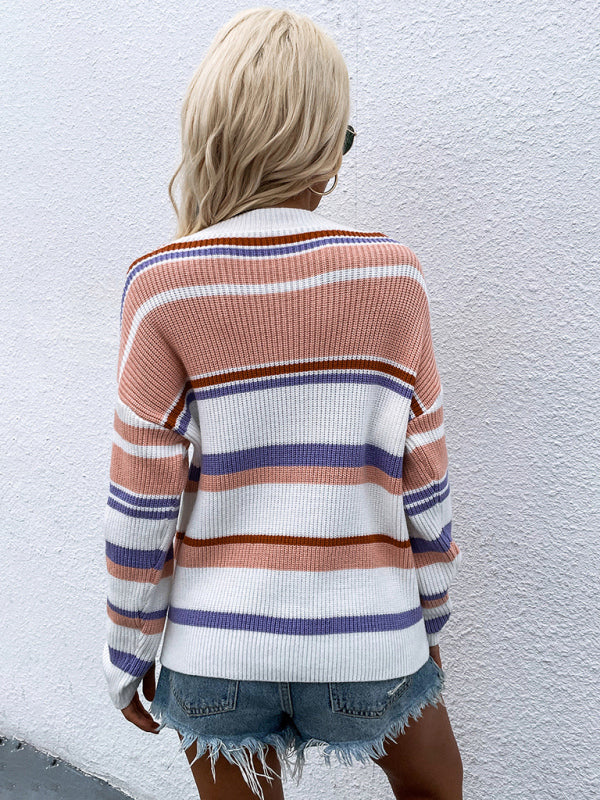 Women's Loose Striped Round Neck Long Sleeve Pullover Sweater