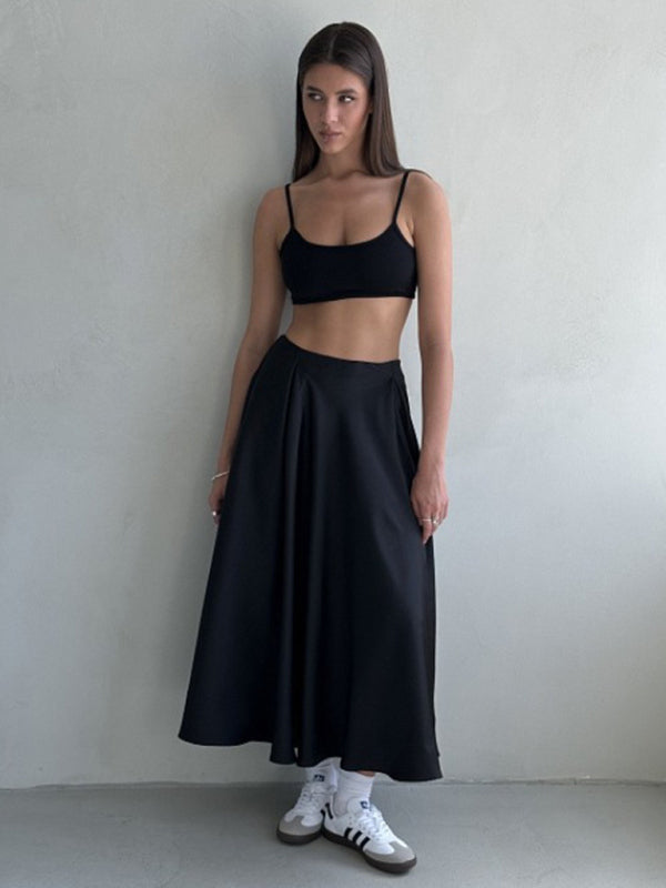 Elegant High-Waisted Satin Long Skirt