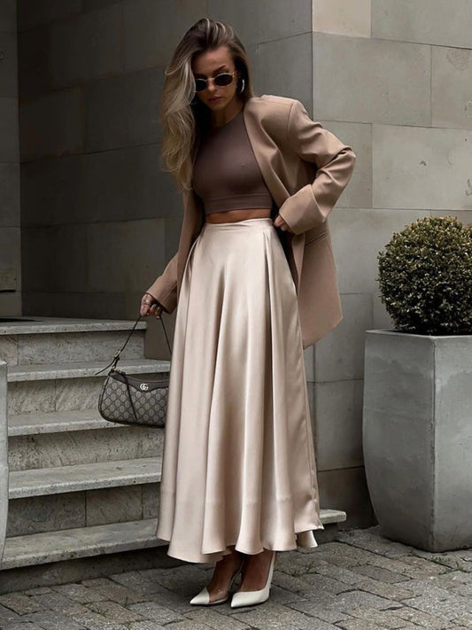 Elegant High-Waisted Satin Long Skirt